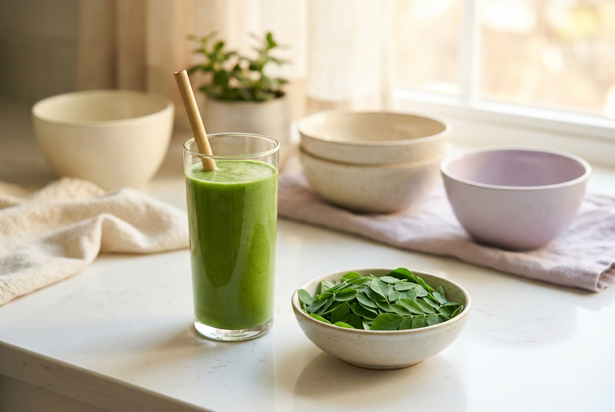 Green smoothie and moringa leaves on a bright kitchen counter