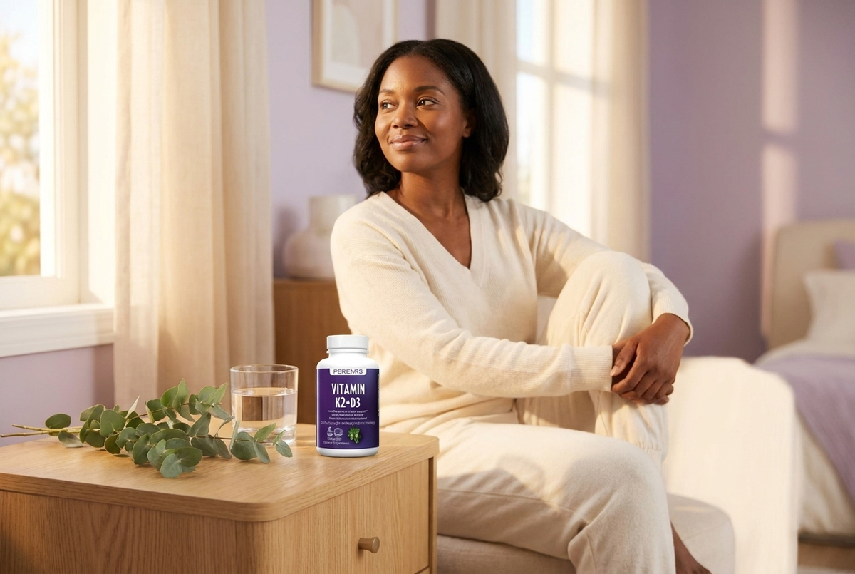 Woman in morning light with a Peremis Vitamin D3 with K2 bottle on the table