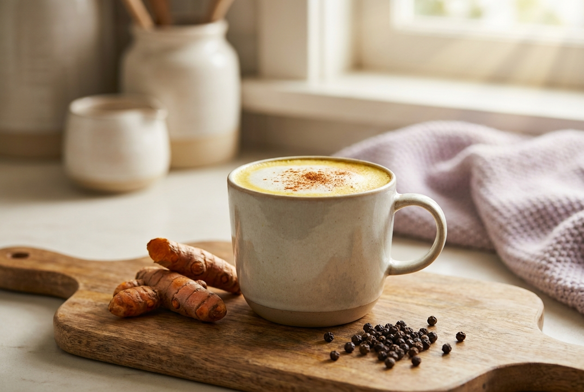 Golden turmeric latte with fresh turmeric root and black pepper