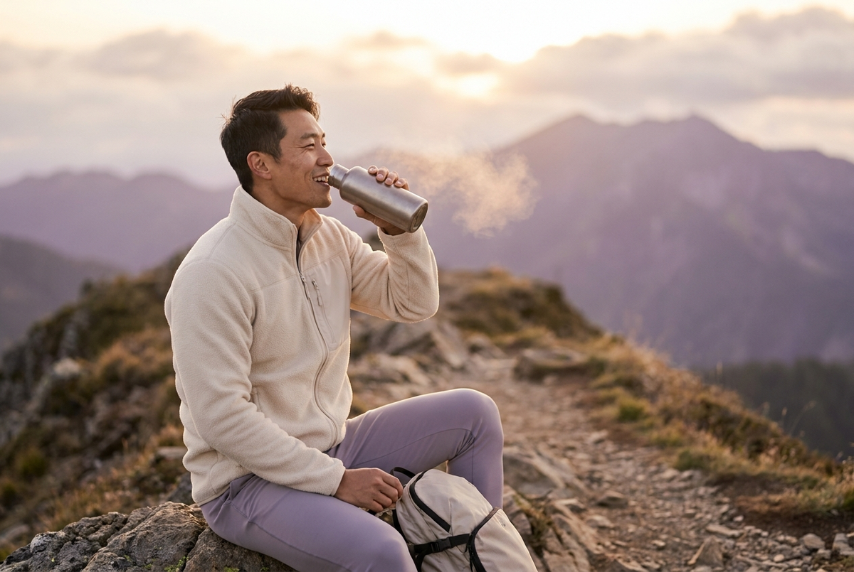 Man pausing on a mountain trail at sunrise, energy and performance