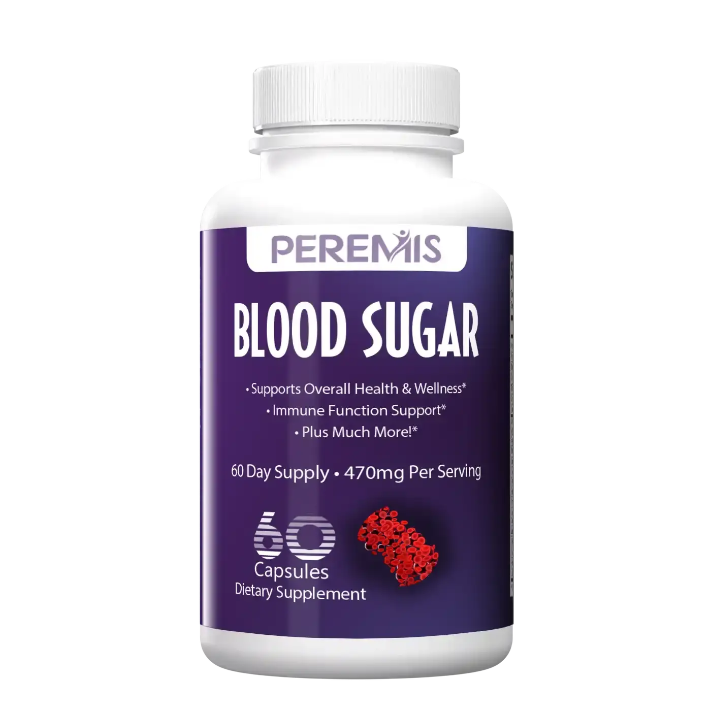 Supplement bottle labeled 'Blood Sugar' by PEREMIS on a white background